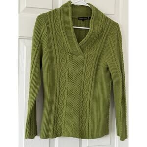 Jeanne Pierre Cotton Cable Knit Shawl Neck Sweater Pea Green Size M